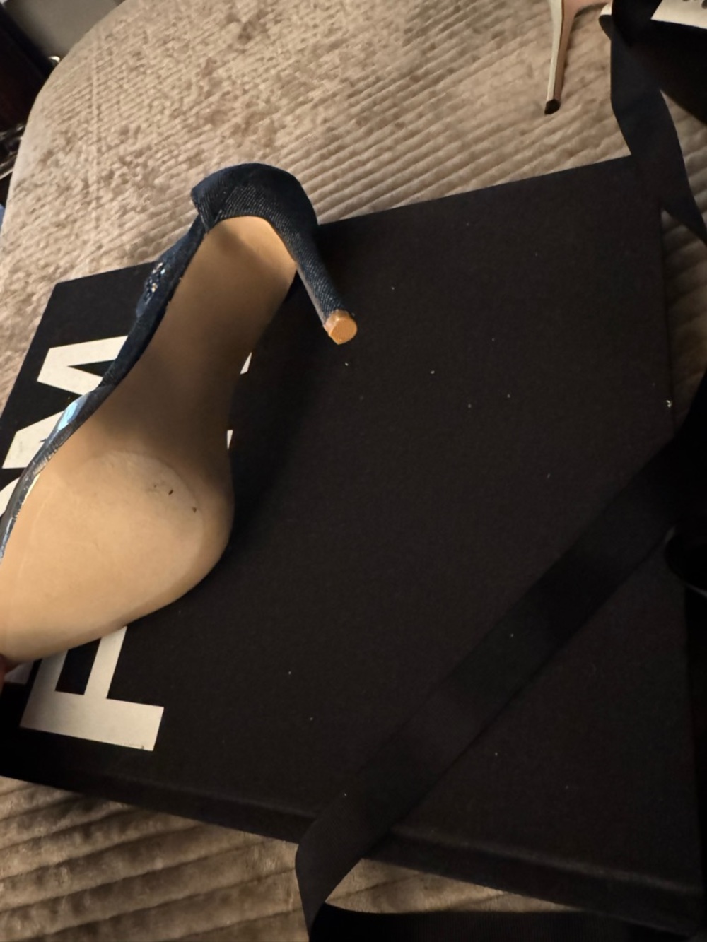 Shoe Dazzle Navy Pointed Toe Ankle Strap Heels with Clear Side Panel - Picture 2 of 2